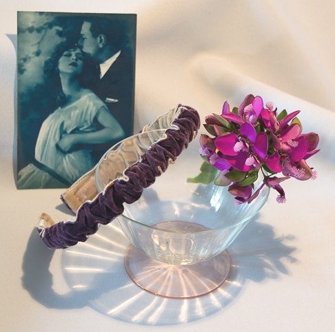 Headband, bicolor velvet curled, plum and vanilla, hairband, hair accessory