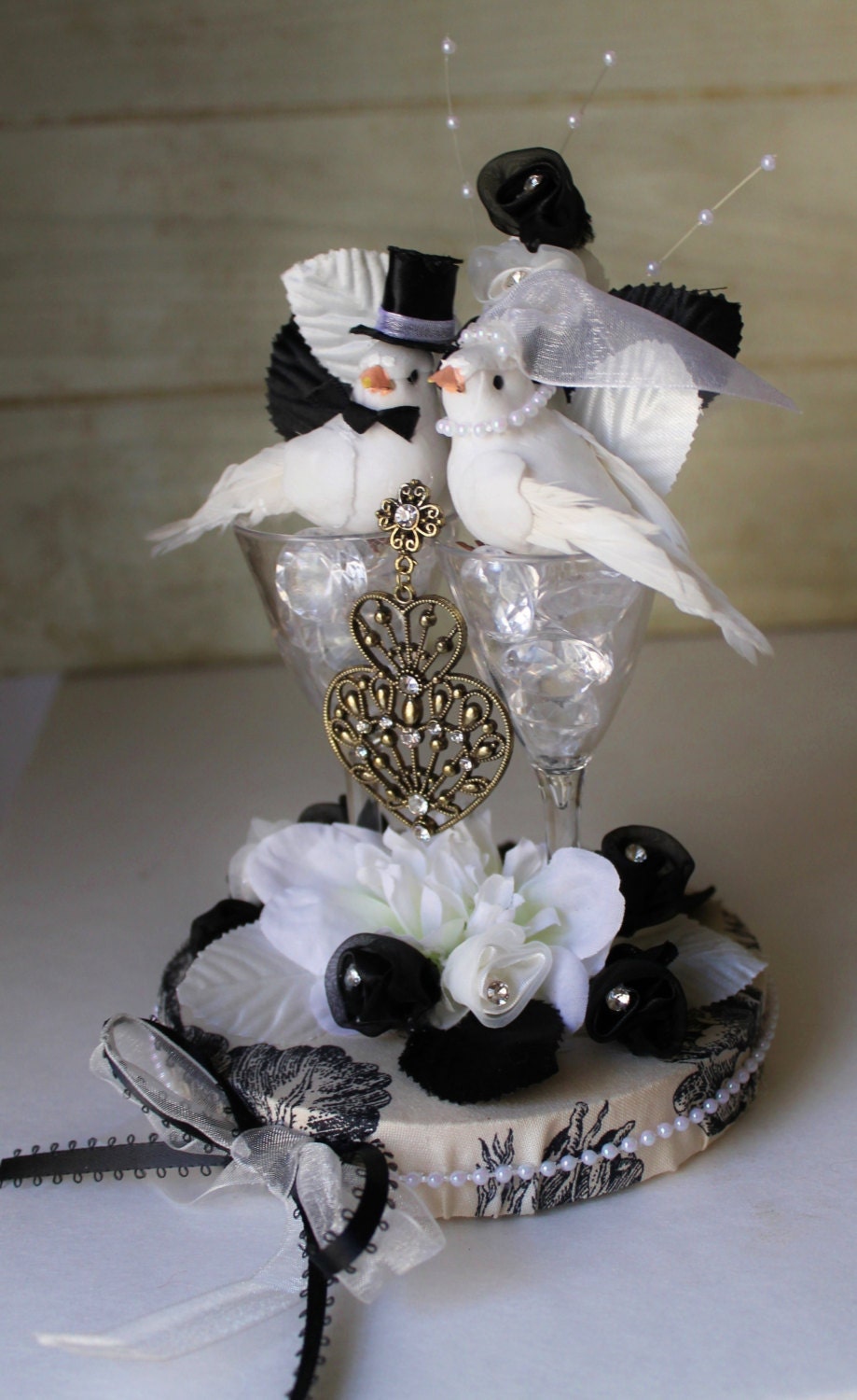Wedding Cake Topper - French Country - Black and White - Toile - Cottage Chic - Love Birds - Shabby Chic - Heart - Elegant