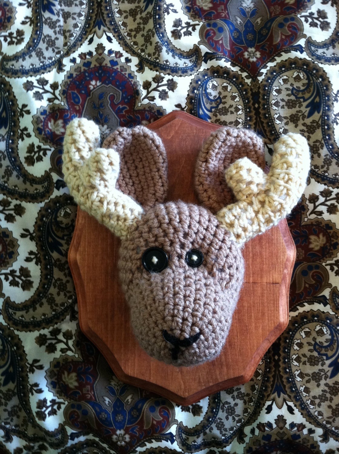 Handmade Taupe/Black Crocheted Jackalope Mount - Animal Friendly Taxidermy Trophies