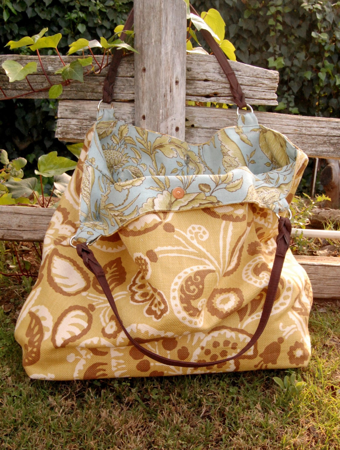 Large floral beach tote green and brown, designer fabric