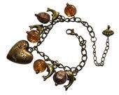 Handmade Bracelet - Love Heart and Dolphins Focals - Acrylic on Antiqued Brass-finished Steel Links 7.5 Inches plus 2-inch Extender Chain