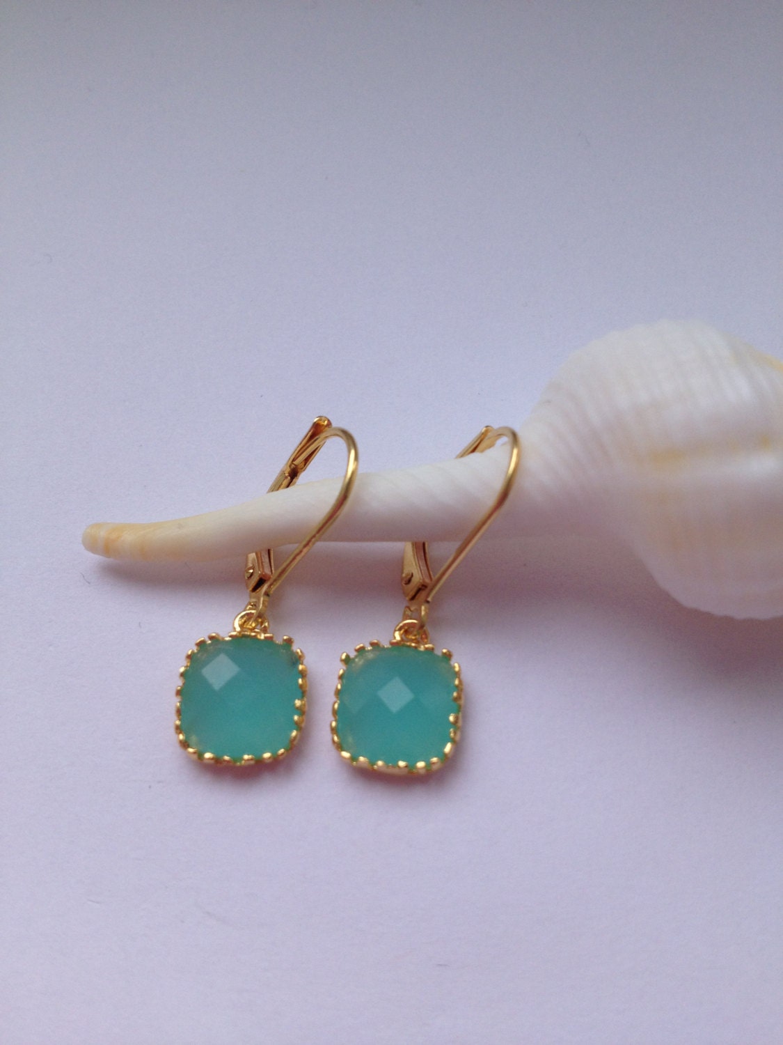 Mint opal gold plated earrings - Blue-Green Chalcedony Earrings - Leverback Earrings - Bezel set Earrings - Dangle Earrings - Gift