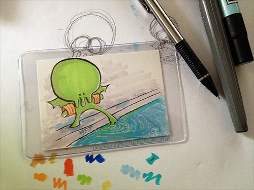 Baby Cthulhu First Swim Lesson - Sketch Card - 3.5 x 2.5 - Print - Marker