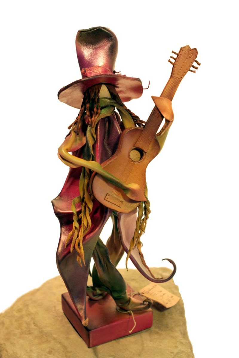 Pixie Guitarist - hand crafted leather sculpture figurine with base - fantasy character - ornament -  medium size