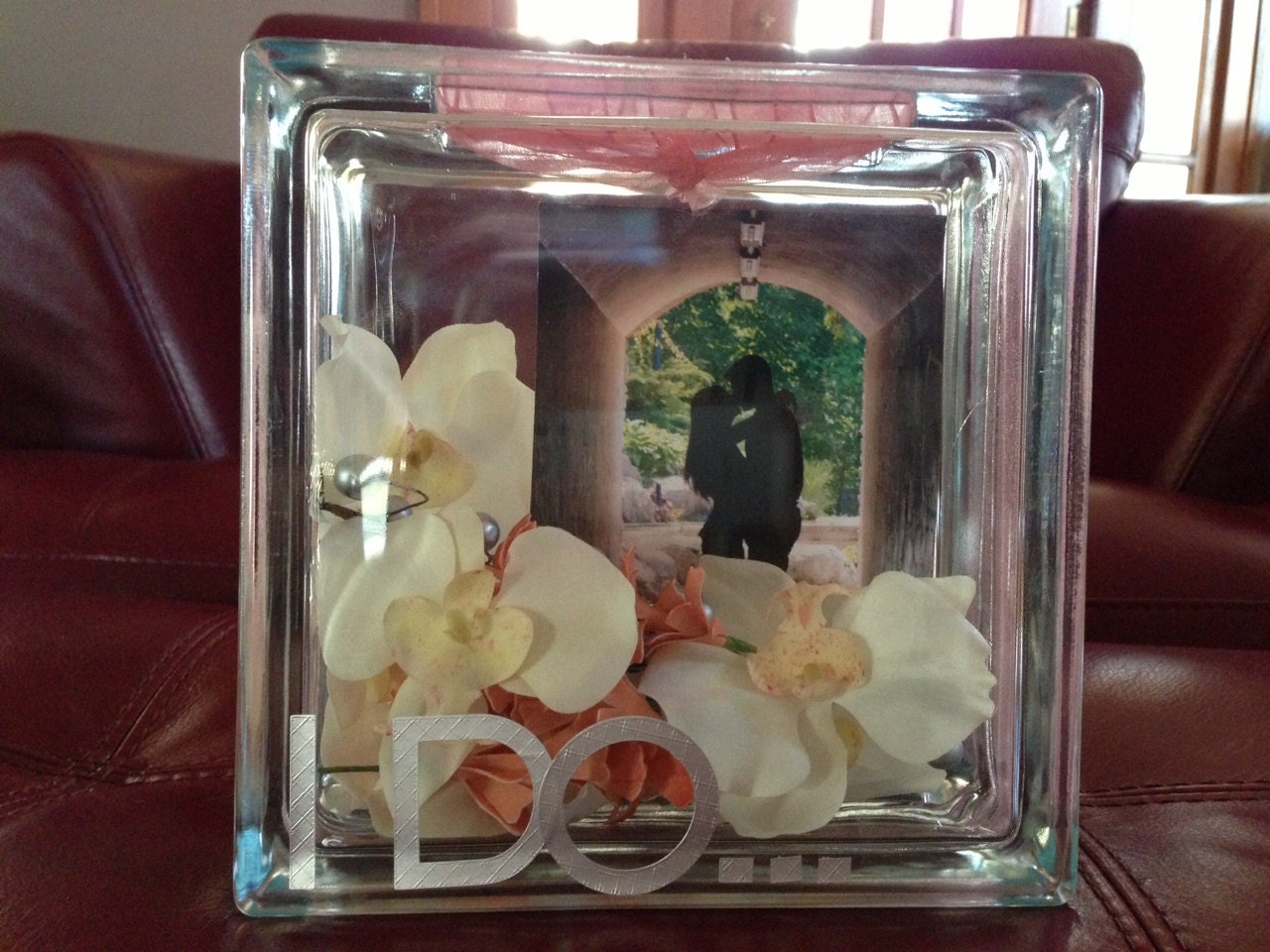 Personalized Wedding Couple Glass Block with Picture and Flowers