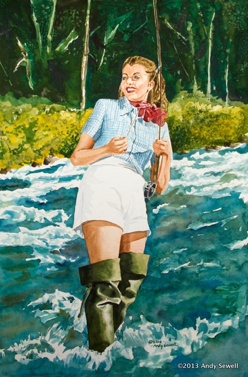 Fly fishing pinup - 6" x 12" Archival Vintage Look fly fishing art print original watercolor print  by Andy Sewell