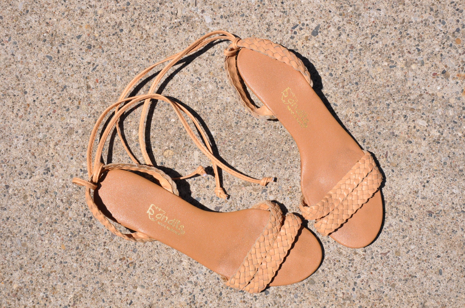 70s braided leather wedge sandals / vintage tan leather strappy wedges / Bandits sandals - QuietUnrest