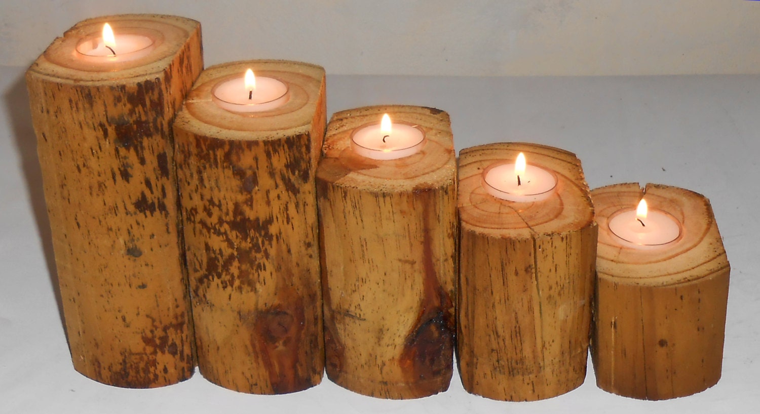 Rustic Natural wood tea light candle holders - set of 5