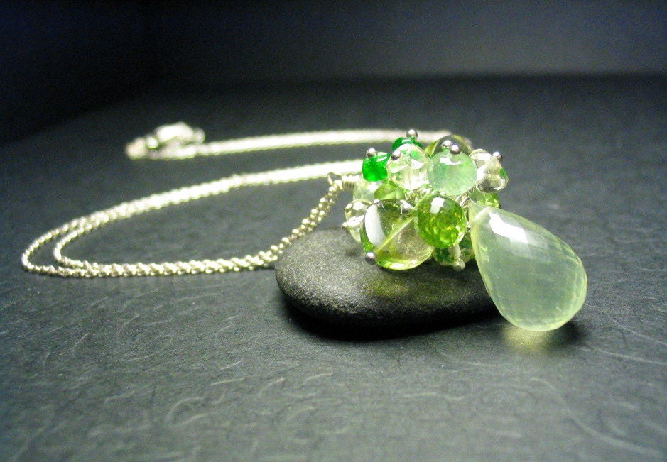 Gemstone Cluster Sterling Silver Necklace Green Stones Prehnite Watermelon Tourmaline Chrome Dioptase Peridot Oregon Sunstone