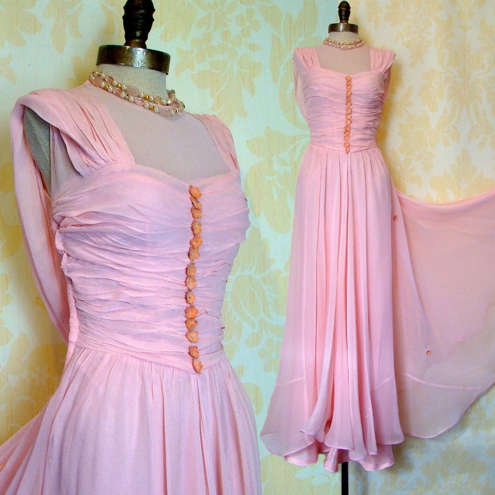 Vintage 40s Wedding Dress S XS - Pink Sheer Maxi Gown - Velvet Floral Appliques