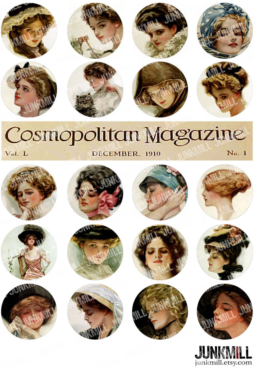 COSMO GIRLS - Digital Printable Collage Sheet - Victorian Women & Paris Fashions by Harrison Fisher, 1" Circle, 25 mm, Instant Download