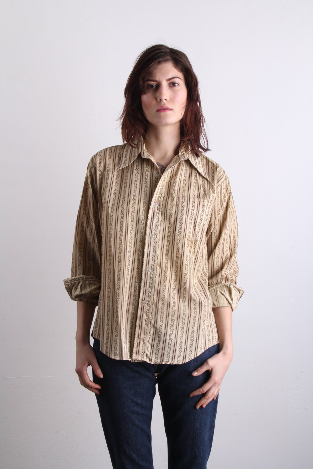 Vintage Button Down Striped Shirt . 70s Ecru Top