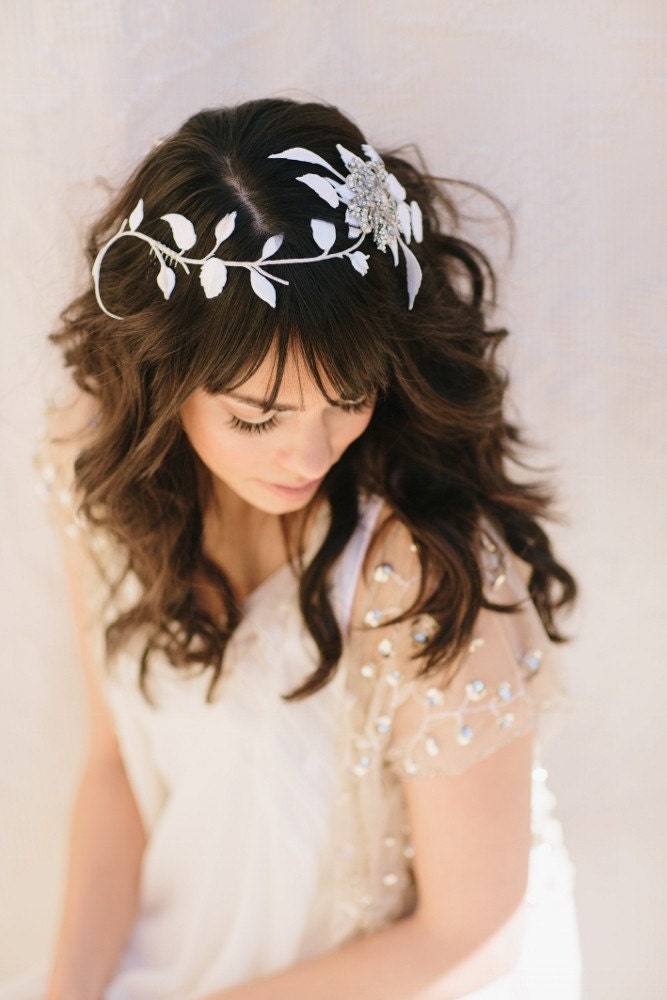 Cheyenne Bridal Comb, White Leaf Vines Hair Clip, Rhinestone Brooch Headband, Wedding Headpiece, Bridal Hair Piece, Ships in 1 Month