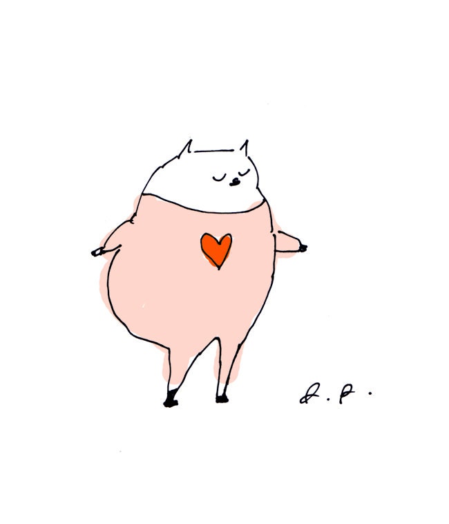 Love Cat- Valentine- Pink- Ink Drawing