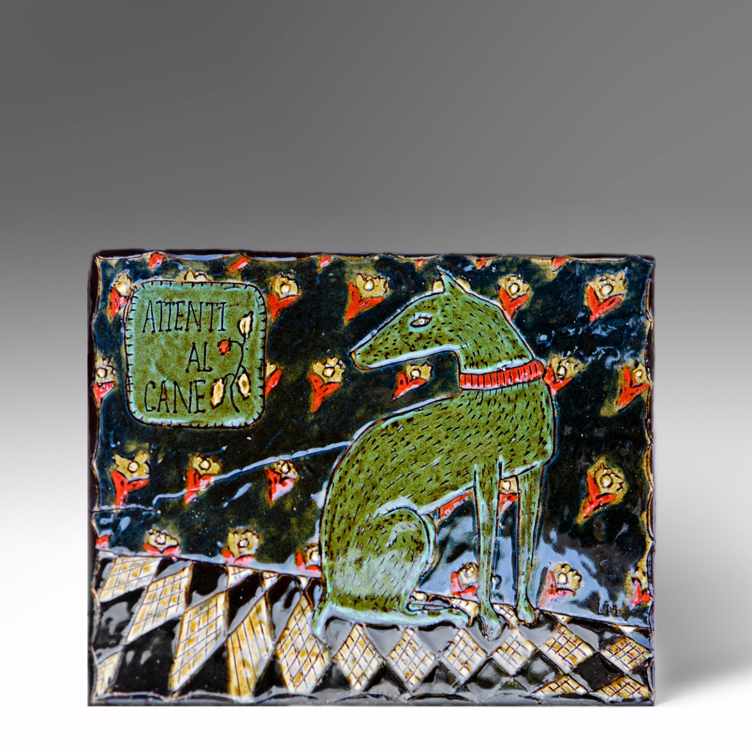 Attenti Al Carne, Stunning Large Slip Decorated Picture Tile, with large crack.