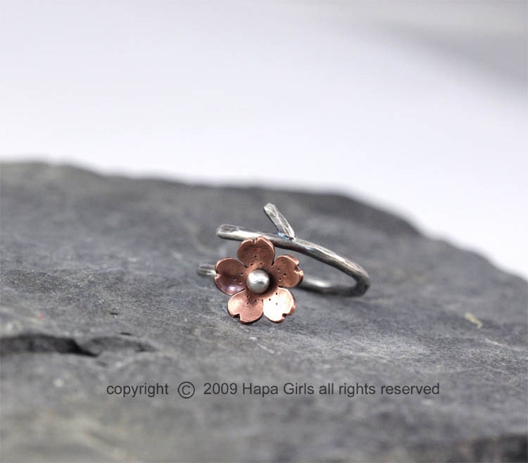 Cherry Blossom Branch Adjustable Ring, Spring Jewelry, Plum Blossom, 1 ring  MADE to ORDER, Twig Ring, Branch Ring, POINTED petals