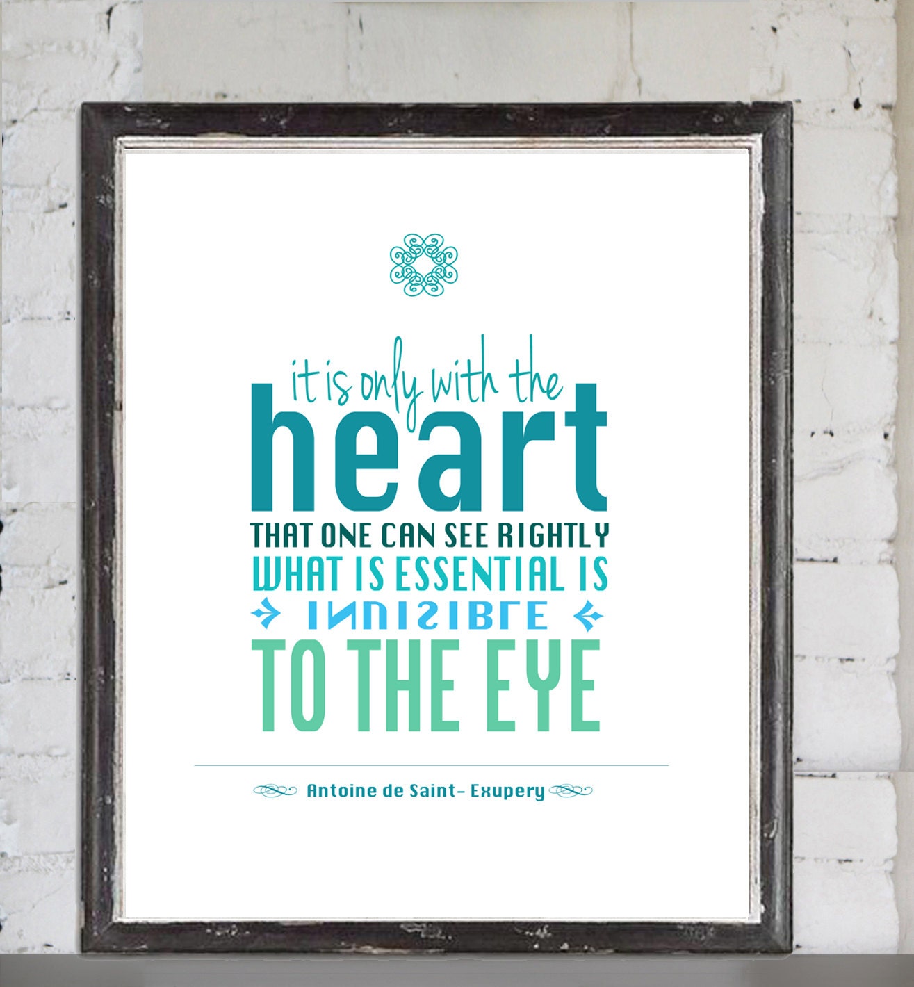 Green, Teal, It is only with the heart, Inspirational Quote, Home Decor  11X14 Word Wall Art, Home Decor, For her, For Him