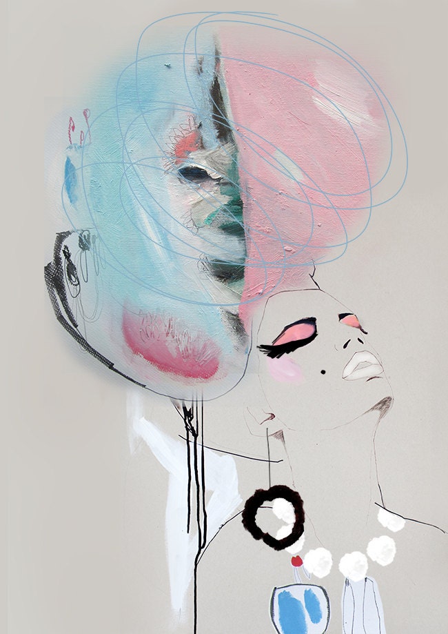 FASHION ILLUSTRATION, cream, pink, blue, high fashion, print