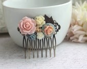 Collage Flower Hair Comb. Rose Pink, Dusty Blue, Blue, Ivory Collage Hair Comb. Bridesmaids Gift, Wedding Comb. Cottage Wedding.