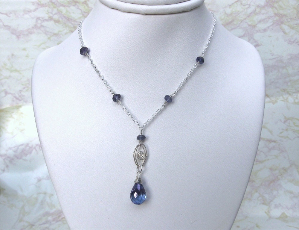 Quartz Drop Necklace- Silver, Iolite, Tanzanite Mystic Quartz, Hammered Wire, Wire Wrapped