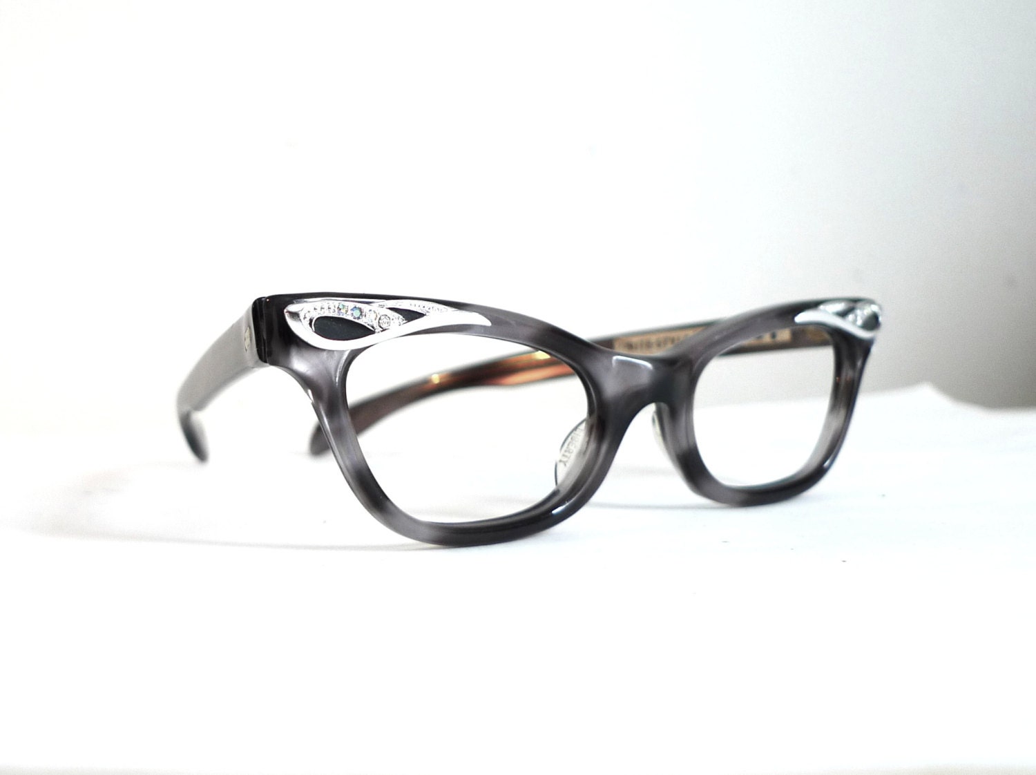 NOS Rhinestone Cat Eye Frames, USA Eyeglasses, Black Grey Horn Rimmed Sun Glasses