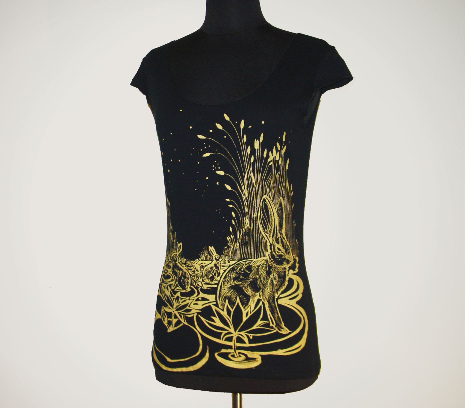 River Rabbits tshirt - eco-friendly gold ink screenprint on black cotton scoop neck - womens sizes S, M, L, XL