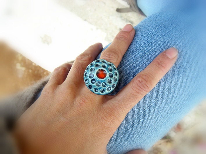 Geometric Dots Ring Red and Blue ceramic fashion jewelry