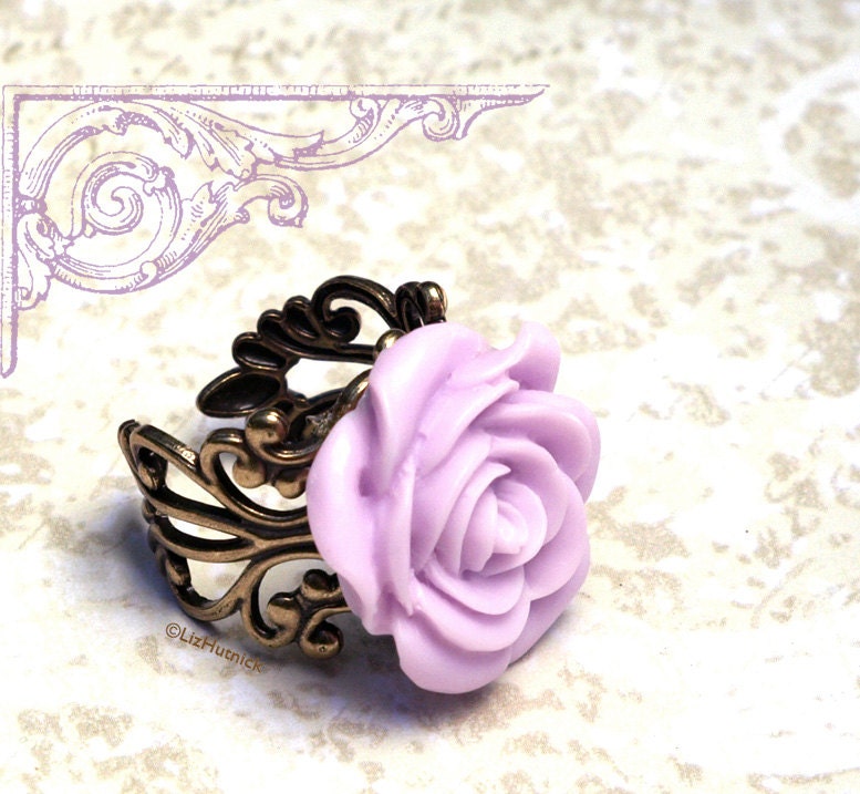 Lilac Tea Rose Ring. Flower Jewelry. Adjustable Filigree Ring. Cocktail Ring