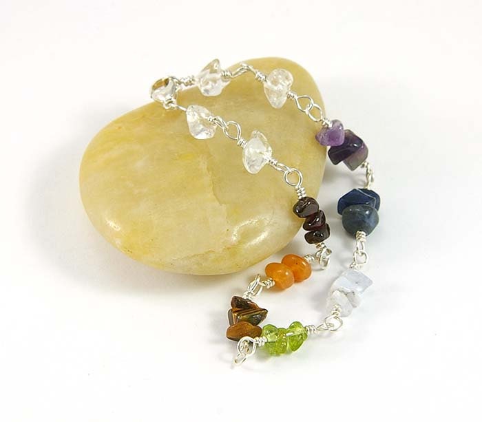 Chakra Gemstone Bracelet - Sterling Silver Wire Wrapped Chakra Bracelet - Yoga Jewelry