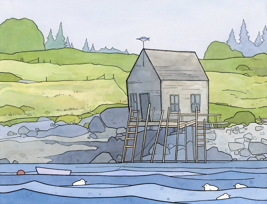 Maine boathouse illustration - coastal landscape print 11x14