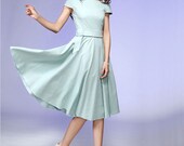 Blue linen prom dress cold shoulder midi dress (545)