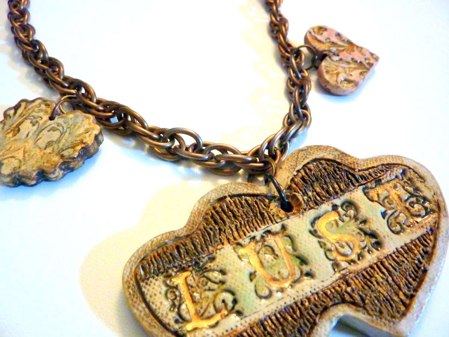 Clay Pendant Statement Necklace LUST Gold Enameled Clay Heart Damask Brass Chain Victorian Gothic Steampunk