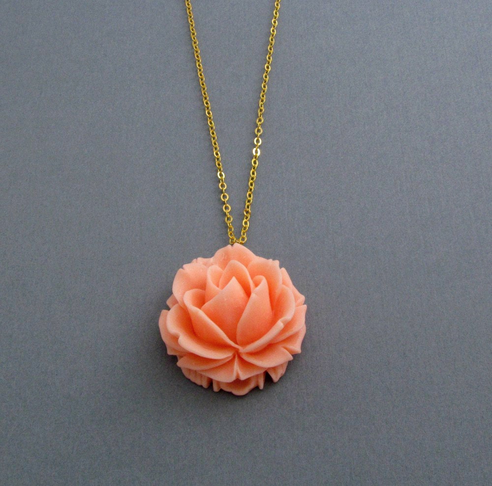 Peach Flower Necklace Rose Necklace Garden Jewelry Spring Wedding Gold Chain Cottage Chic Vintage Style Pastel - Ambrosia