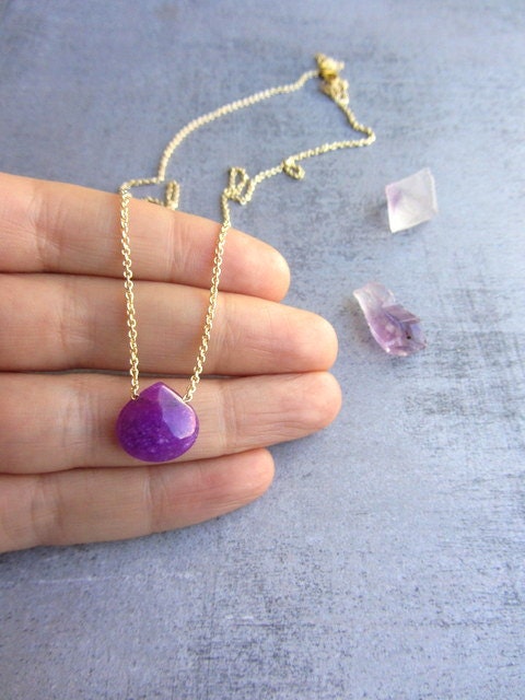 Long gold necklace with a purple quartz drop gemstone bead, teardrop pendant.