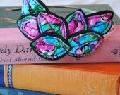 Bright Floral Headband - Statement Headpiece - Pink,  Teal Blue, Green Hand Embroidered Leaf Statement Headband - Leaf Fascinator