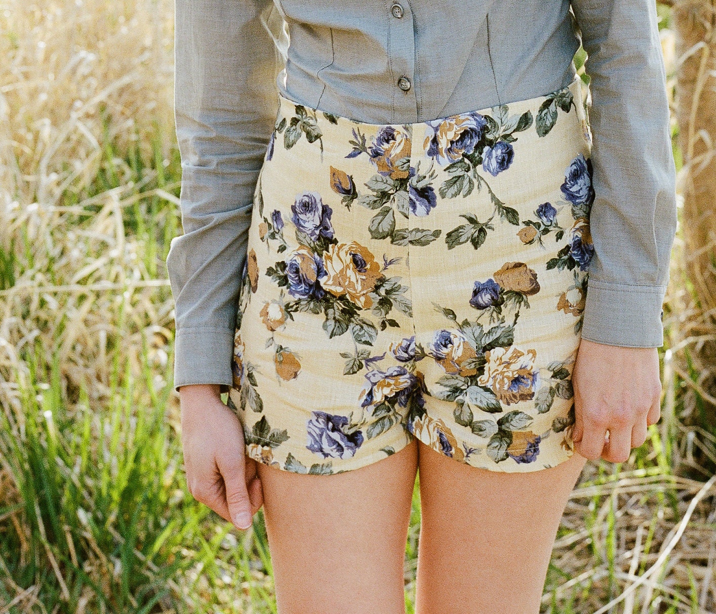 Flower print linen shorts - lemonade yellow high waisted vintage inspired, personalized custom sizing eco friendly made in america - large