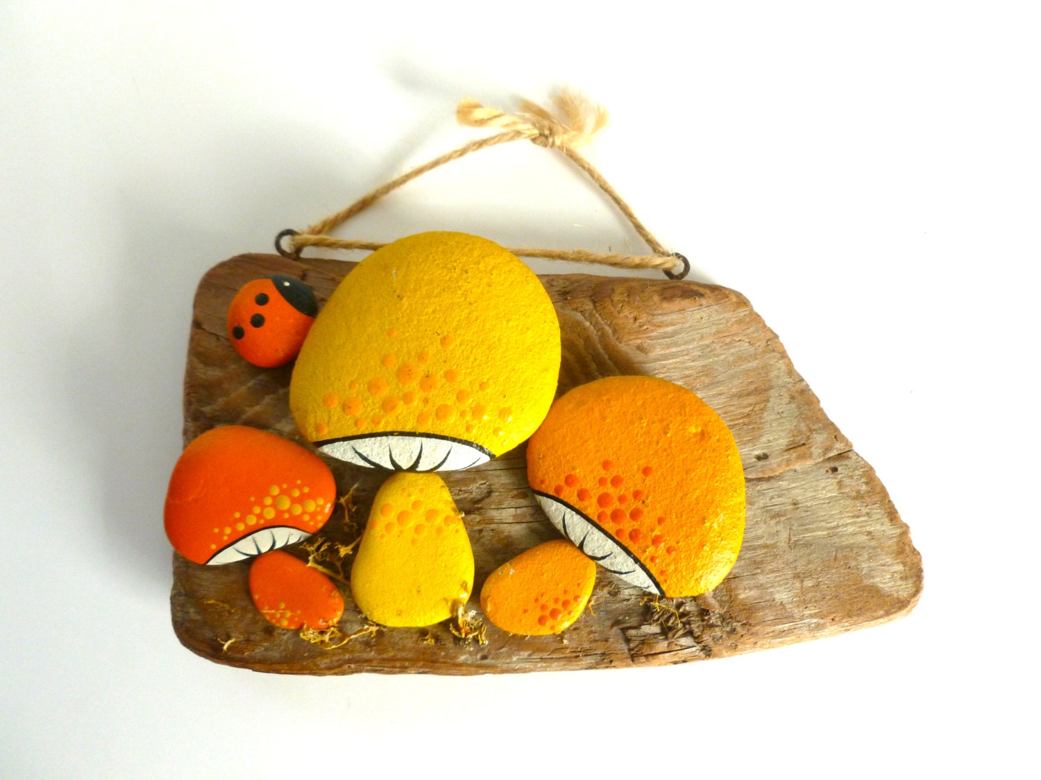 Vintage 1970's Handmade Driftwood Pebble Mushroom & Ladybug Wall Art Hanging by Chris Messerle Coos Bay Oregon Retro Mod Decor