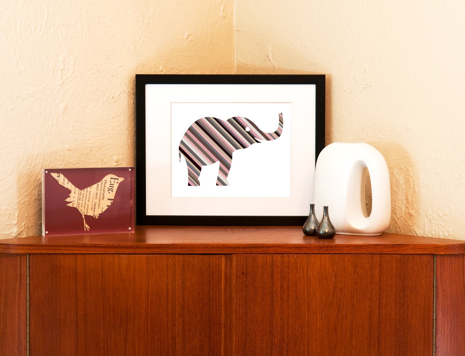 Striped Baby Elephant Nursery Art Print on 100% Recycled Paper (Free Shipping in US)