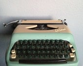 Vintage Antique Rare Seafoam Green and Yellow Consul Portable Travel Typewriter with Carrying Case.   Model 1531.  Made in Czechoslovakia.