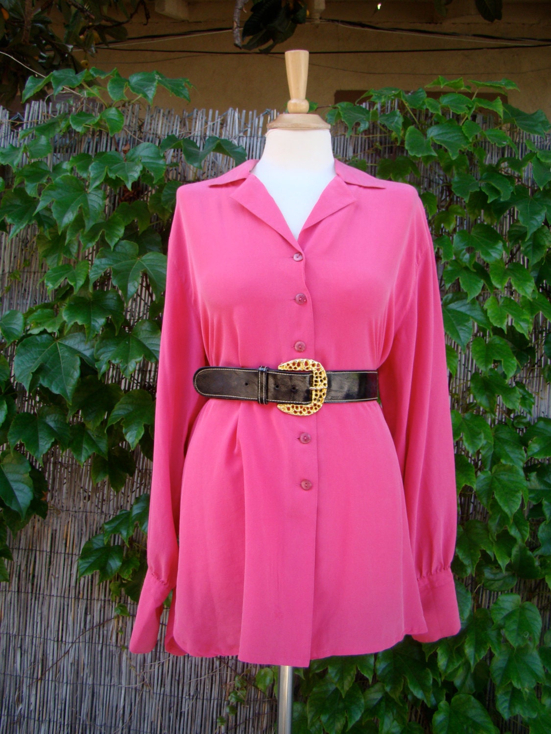 Vintage 80s / Silk / Hot Pink / Long Sleeve / Blouse / LARGE