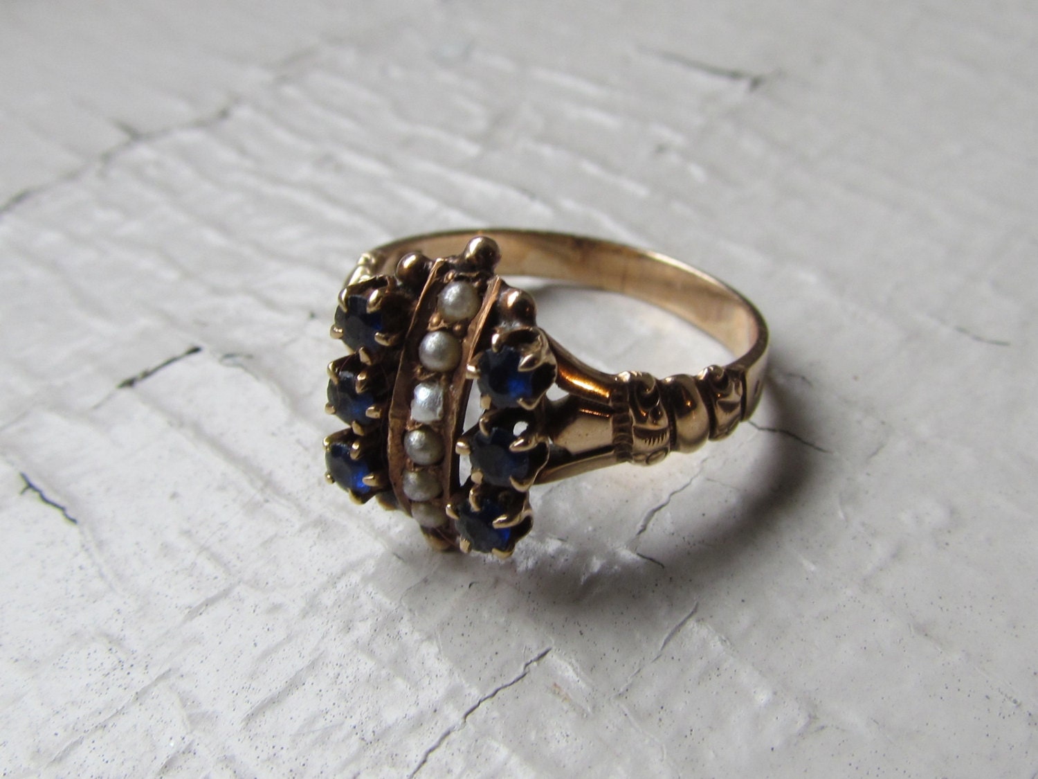 Antique Ring / Victorian 10k Solid Gold Ring with Glass Sapphires and Seed Pearls c.1880s