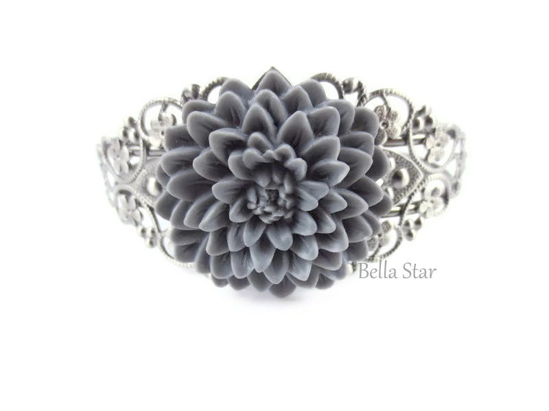 Flower Cuff Bracelet - Silver Gray Statement Boho Mum Metal Filigree Dark