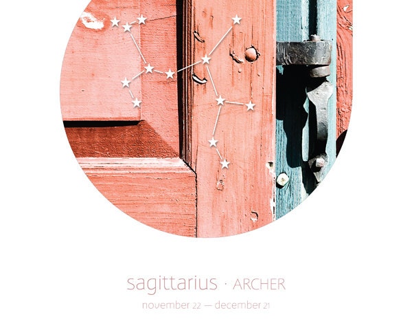 Sagittarius zodiac sign in coral, constellation on architecture detail photography, 8x10 art print, zodiac art, pink, cyan, minimal decor