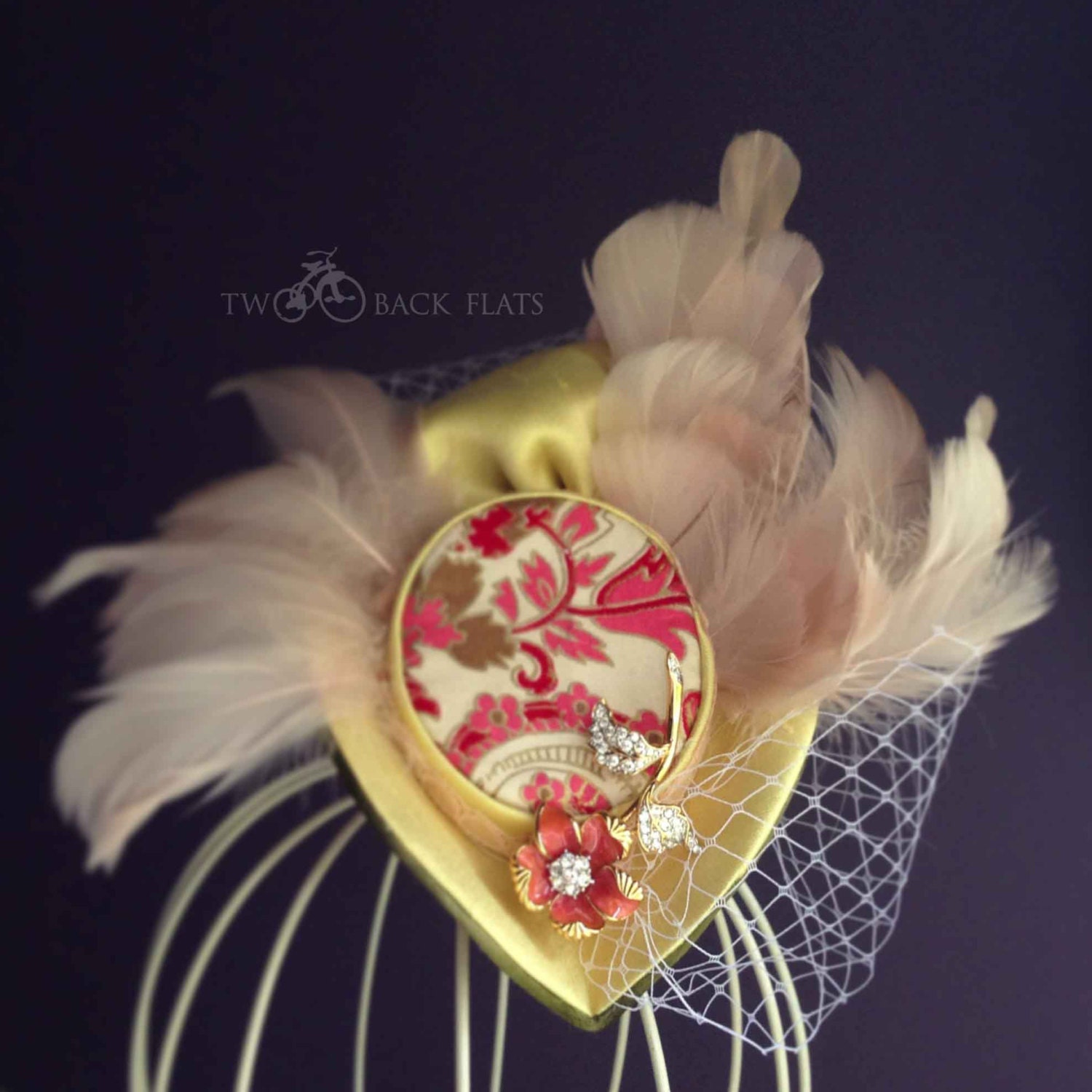 Pink and Yellow Tea Party Hat with Birdcage Veil, Feathers and Vintage Brooch, Ready to Ship, Fascinator