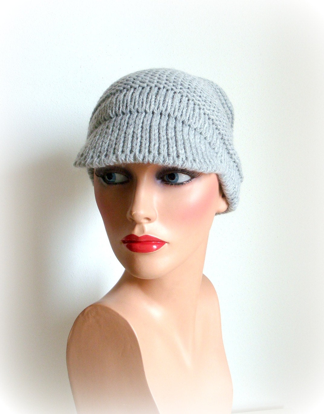 SALE Grey Knit Hat - Womens Hat in Light grey - visor beanie - handmade hat - newsboy hat - Ice Pearl Grey