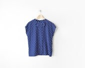 Vintage 80s Navy Blue & White Polka Dot Bow Blouse - m/l