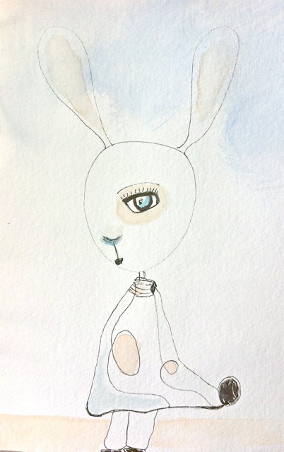 Pavlova-Pastel Shy Bunny with Pale Peach-Sky Blue Dot Dress 5.5x7.5"-Brown-Black White Background