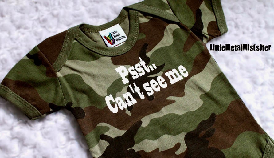 Camo funny boy baby onesie - Psst.. Can't see me -  green black brown camouflage joke onsie. Army, military, hunting baby clothes 3 months