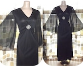 Vintage 70s Sheer Angel Sleeve Maxi Dress 14 L XL BLACK  Cocktail Hostess Gown Madmen