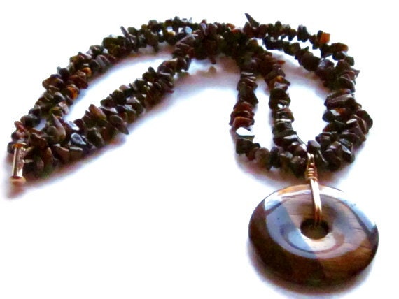 Glowing Golden Brown South African Tigereye Stone and Bronze Necklace